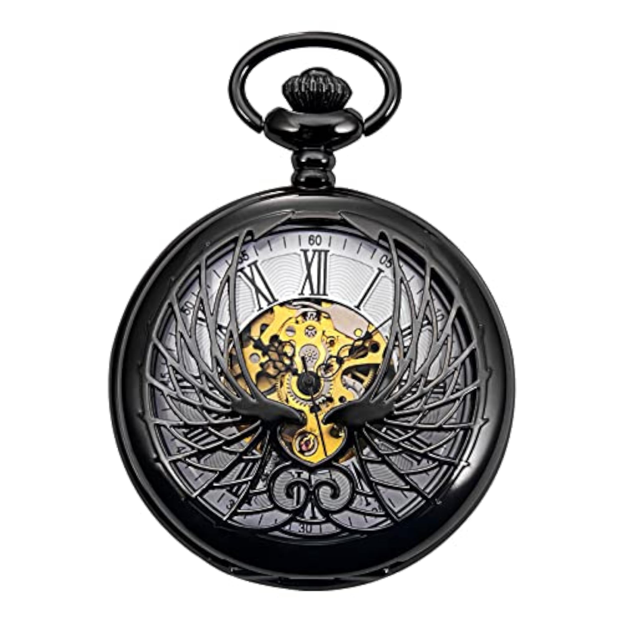 Skeleton Eagle Wings Design Black Case Pocket Watch